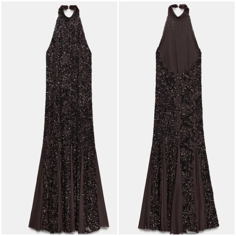 NWT Zara Elegant Brown Sequin Halter Dress - Picture 7 of 10